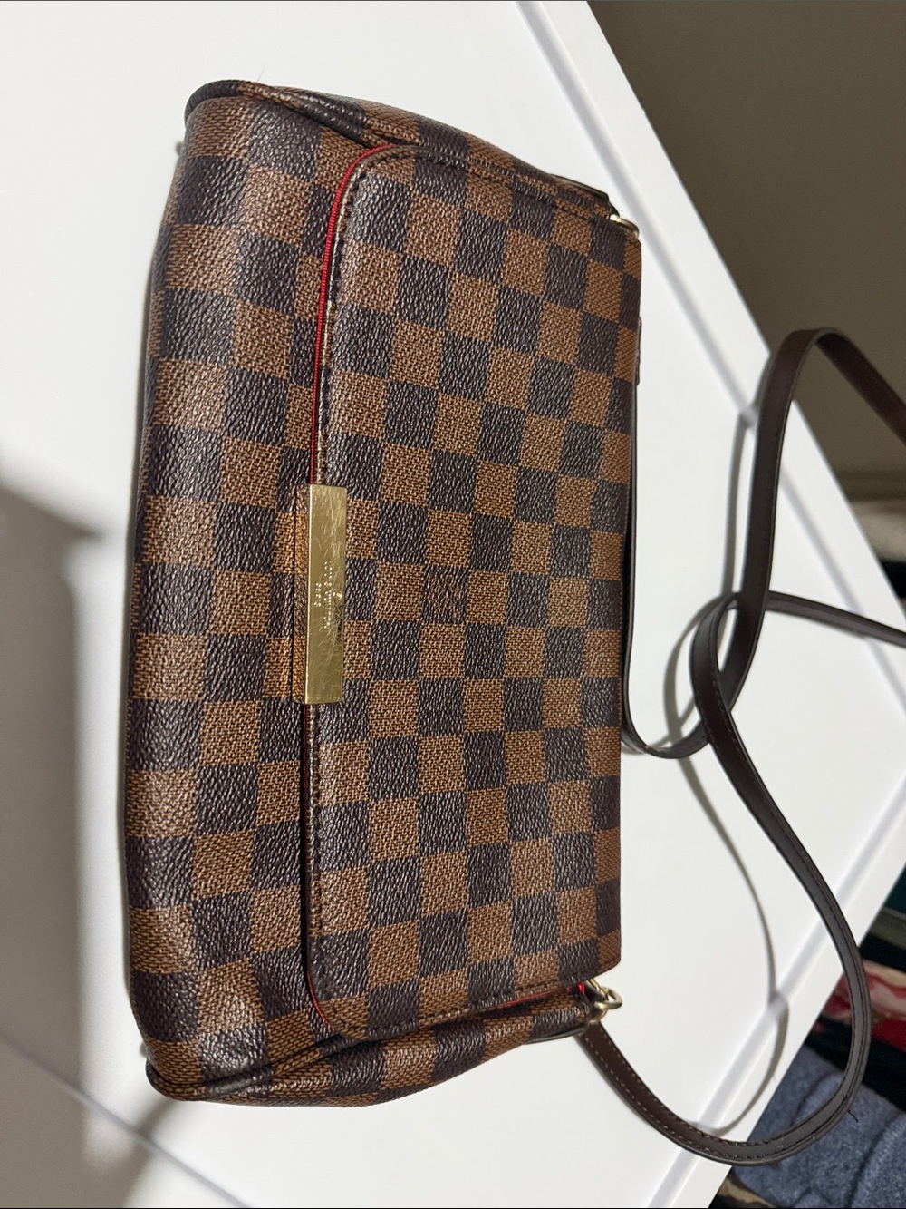 Checkered Brown Crossbody Bag with Gold Hardware